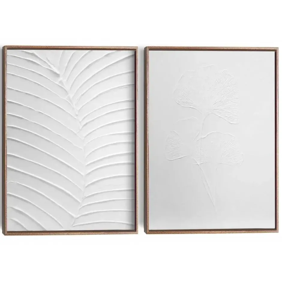 Abstracte wanddecoratie set met structuur Minimalistische bladeren - 40 x 30