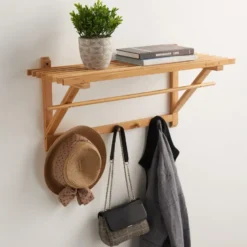 ACAZA Kapstok met 5 Ophang Haken en Stang, 75 x 28 x 25 cm, Bamboe Hout