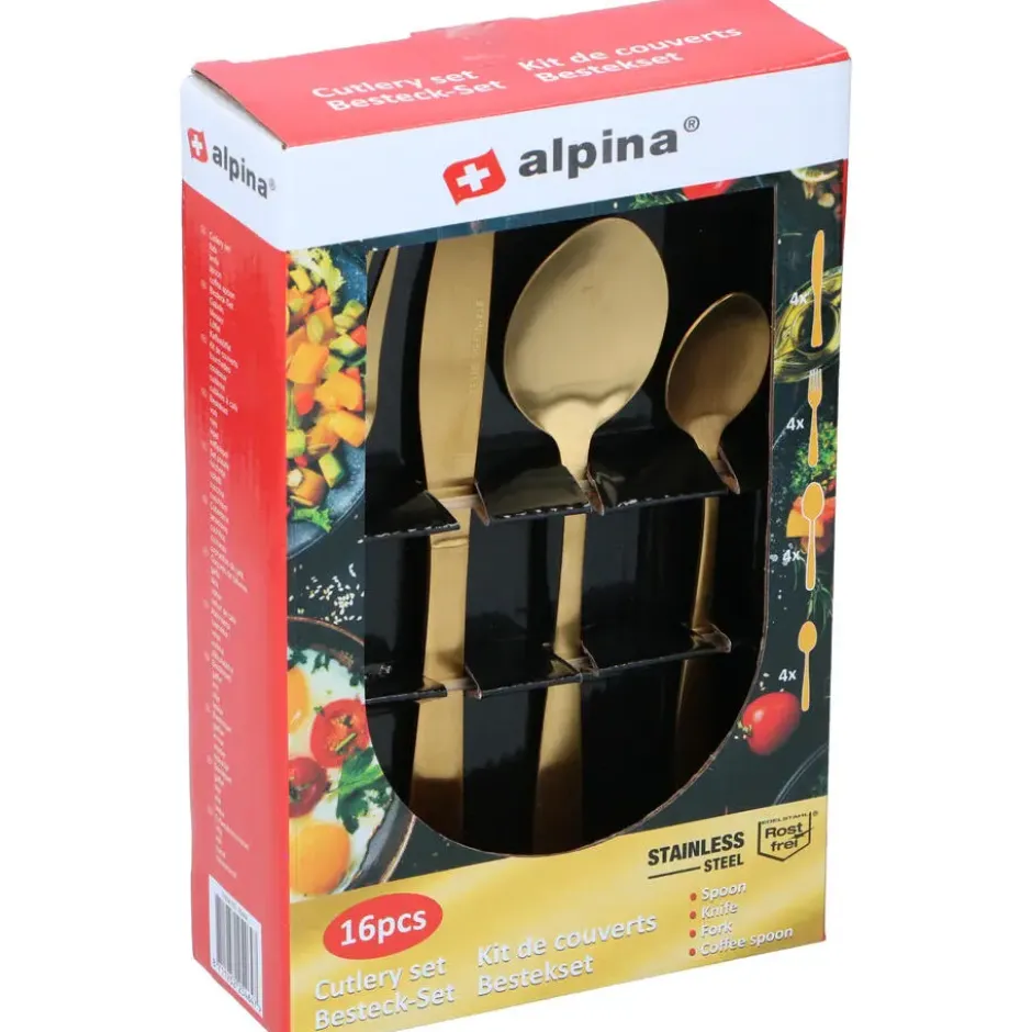 Alpina Bestek - 16-delig - 4 personen - mat goud - RVS