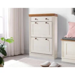 Anita - Schoenenkast met 2 kleppen en 1 lade in wit/natuurlijk grenen