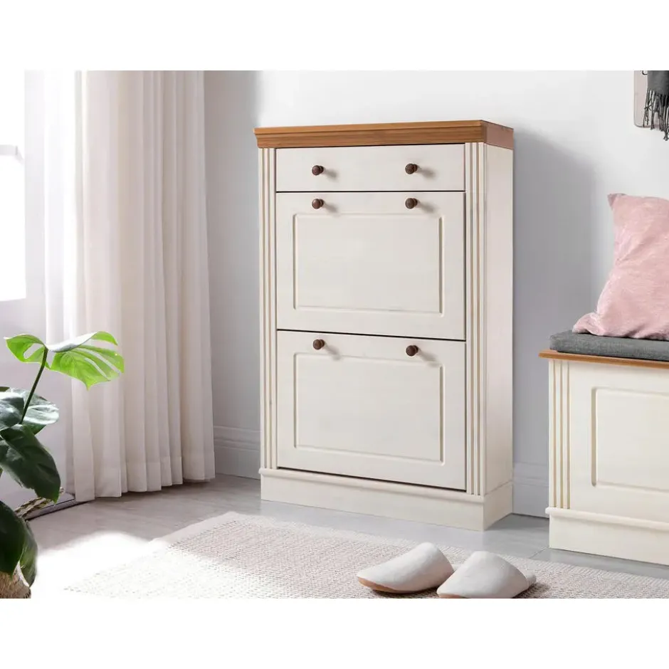 Anita - Schoenenkast met 2 kleppen en 1 lade in wit/natuurlijk grenen