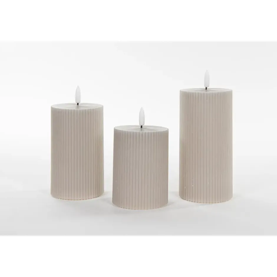 Anna Collection LED stompkaarsen - 3x - taupe/grijs - ribbel - H7,5 cm