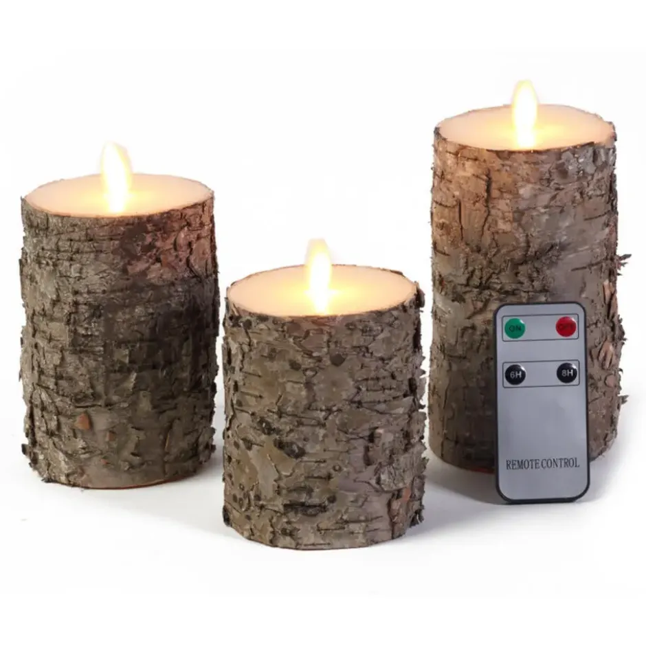 Anna's Collection Stompkaarsen - 3 stuks - berkenhout - LED