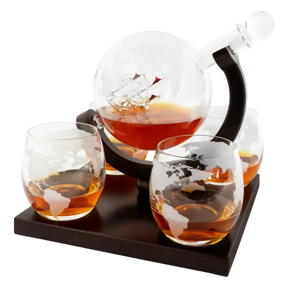 Aretica Luxe Whiskey Karaf wereldbol met 4 glazen
