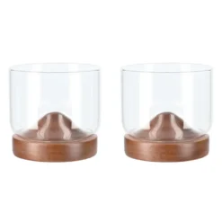 Aretica Whiskey glas met houten onderzetter - Bruin - set van 2