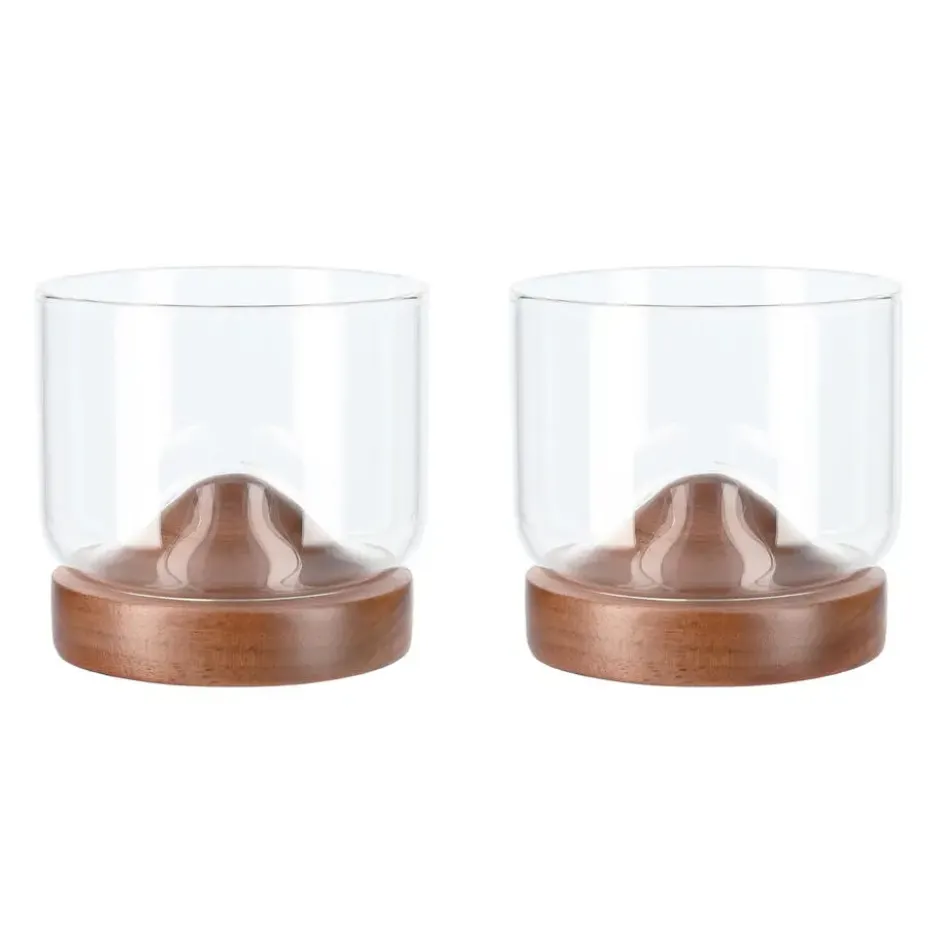 Aretica Whiskey glas met houten onderzetter - Bruin - set van 2
