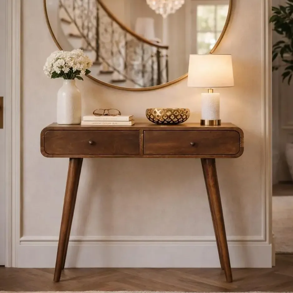 Artisan Furniture Massief hout Klassiek grijs ronde consoletafel