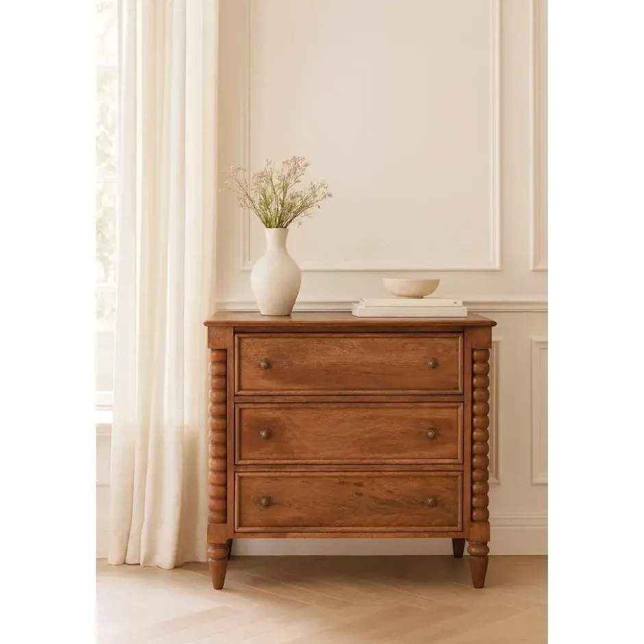 Artisan Furniture Massief Hout Spindel Kast, 3 Lades, Beige