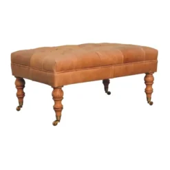 Artisan Furniture Massief hout Buffalo tan leren poef met zwenkwielen