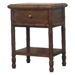 Artisan Furnitur Massief Houten Bamboe Gegraveerd Nachtkastje, 1Lade, 1 Open Vak
