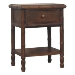 Artisan Furnitur Massief Houten Bamboe Gegraveerd Nachtkastje, 1Lade, 1 Open Vak