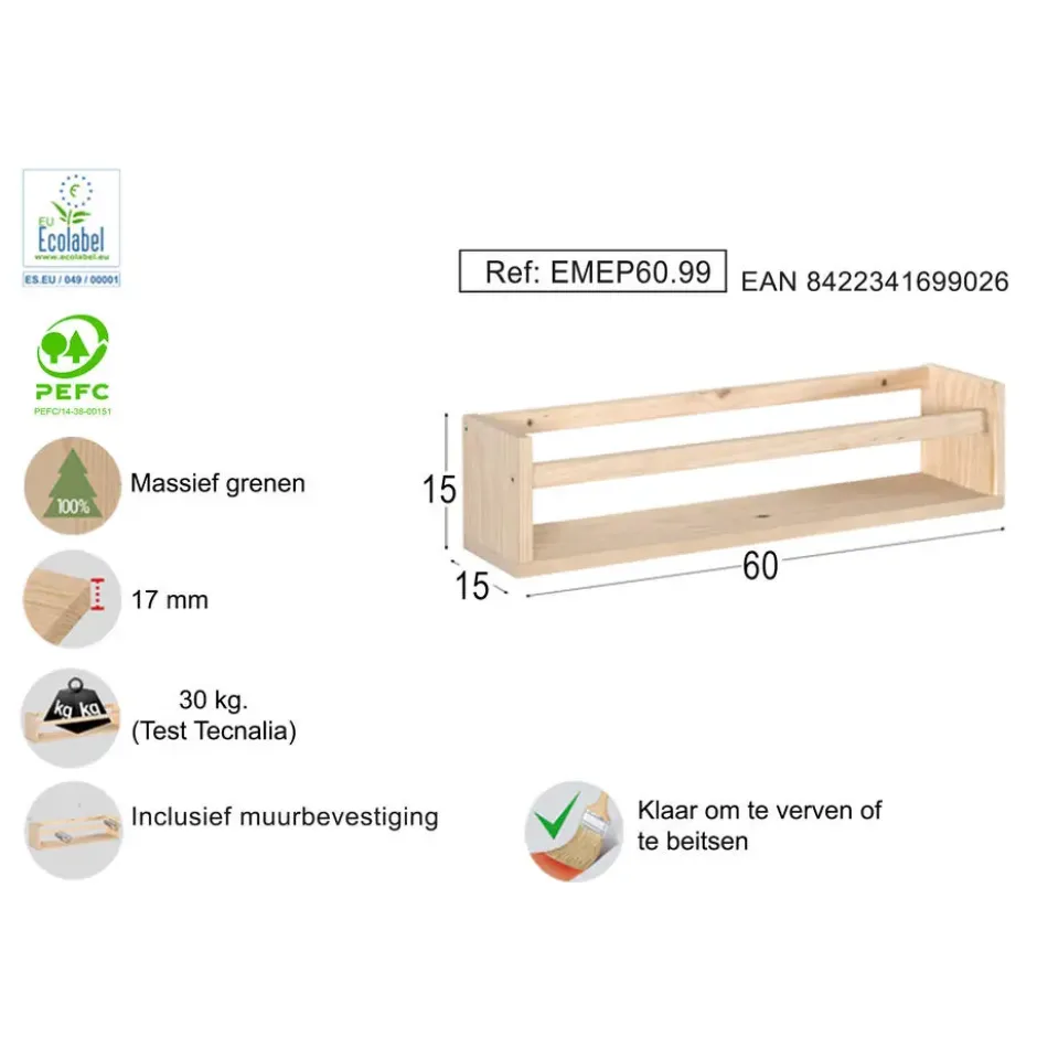 Astigarraga Wandplank - 60cm - PEFC grenen