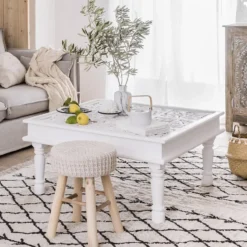 Atmosphera Ribcord krukje - beige - hout/stof - D31 x H43 cm