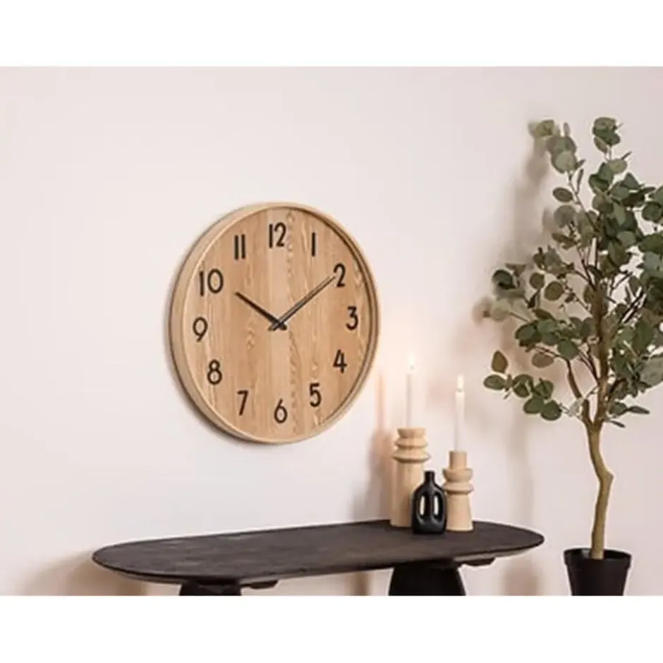 Atmosphera Wandklok/muur klok - Woody - Dia 55 cm - hout - beige