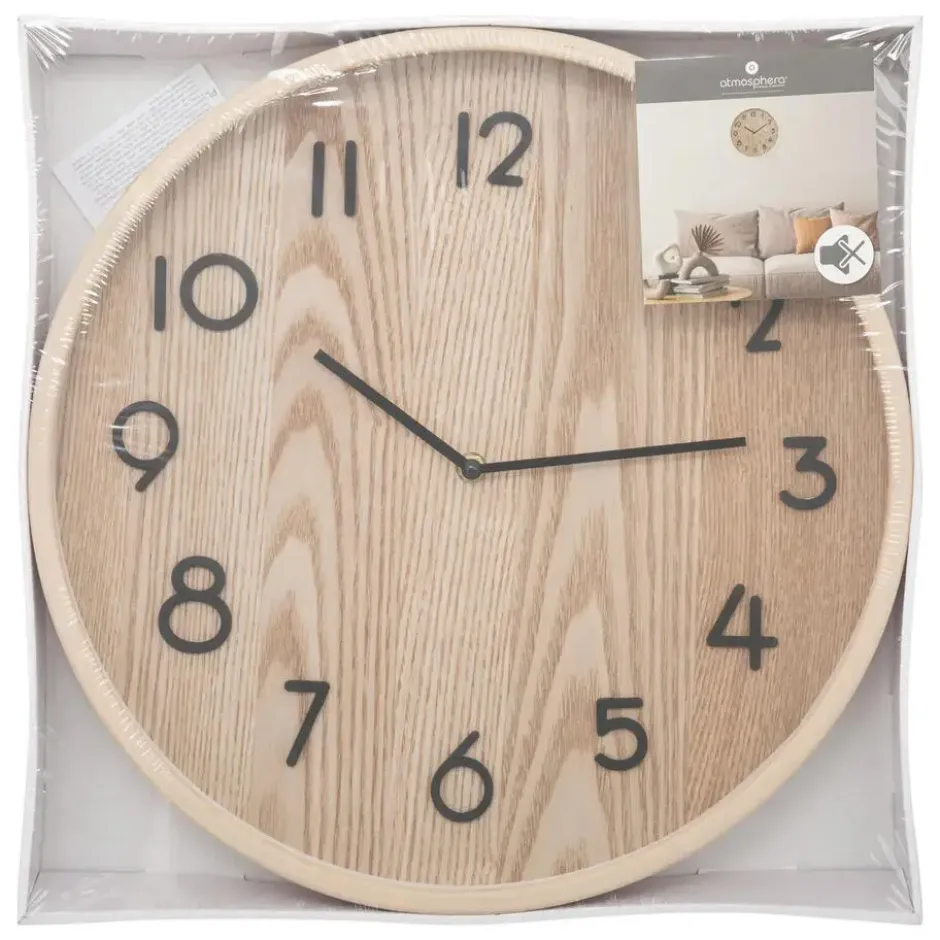 Atmosphera Wandklok/muur klok - Woody - Dia 38 cm - hout - beige