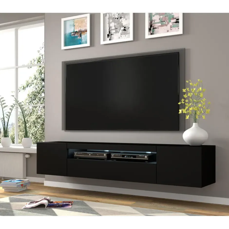 AURA TV-meubel 200 cm universeel mat zwart + LED