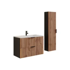 Badkamer set MADELA - 80 cmx46 cmx57 cm - Zwart Natuurlijk licht Hout paneel