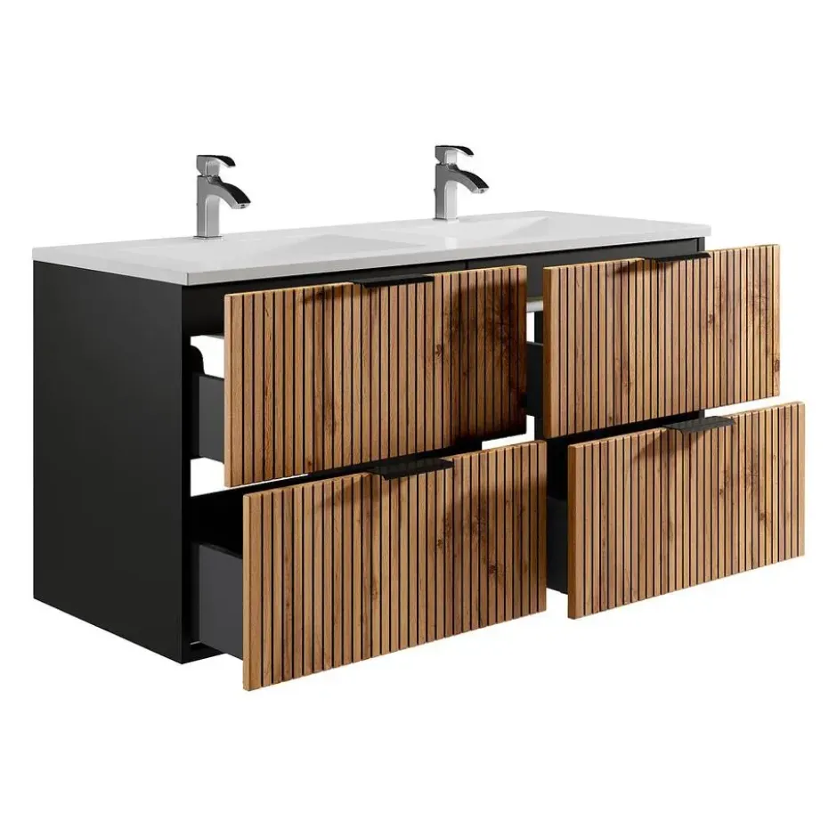 Badkamer set MADELA - 120 cmx46 cmx57 cm - Zwart Natuurlijk licht Hout paneel