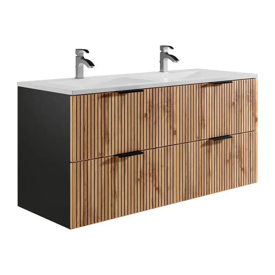 Badkamer set MADELA - 120 cmx46 cmx57 cm - Zwart Natuurlijk licht Hout paneel