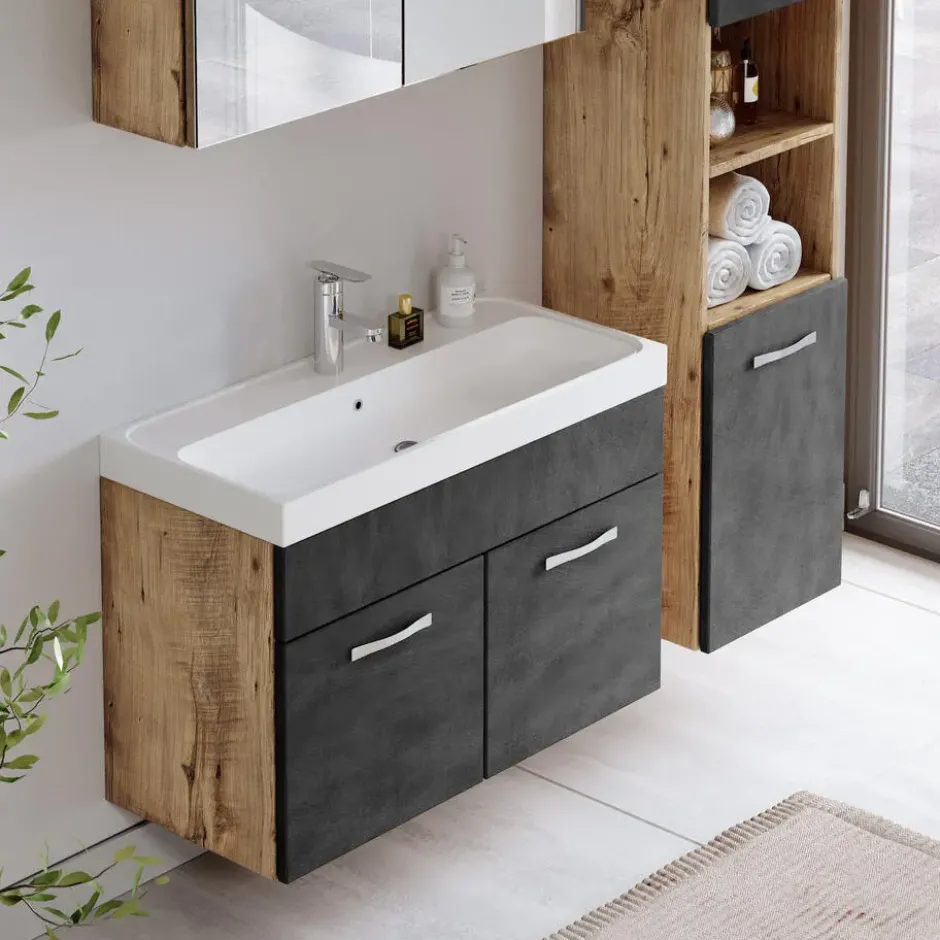 Badplaats Badkamermeubel Set Paso 80 x 40 cm - Kastanje Eiken met Donker Grijs -