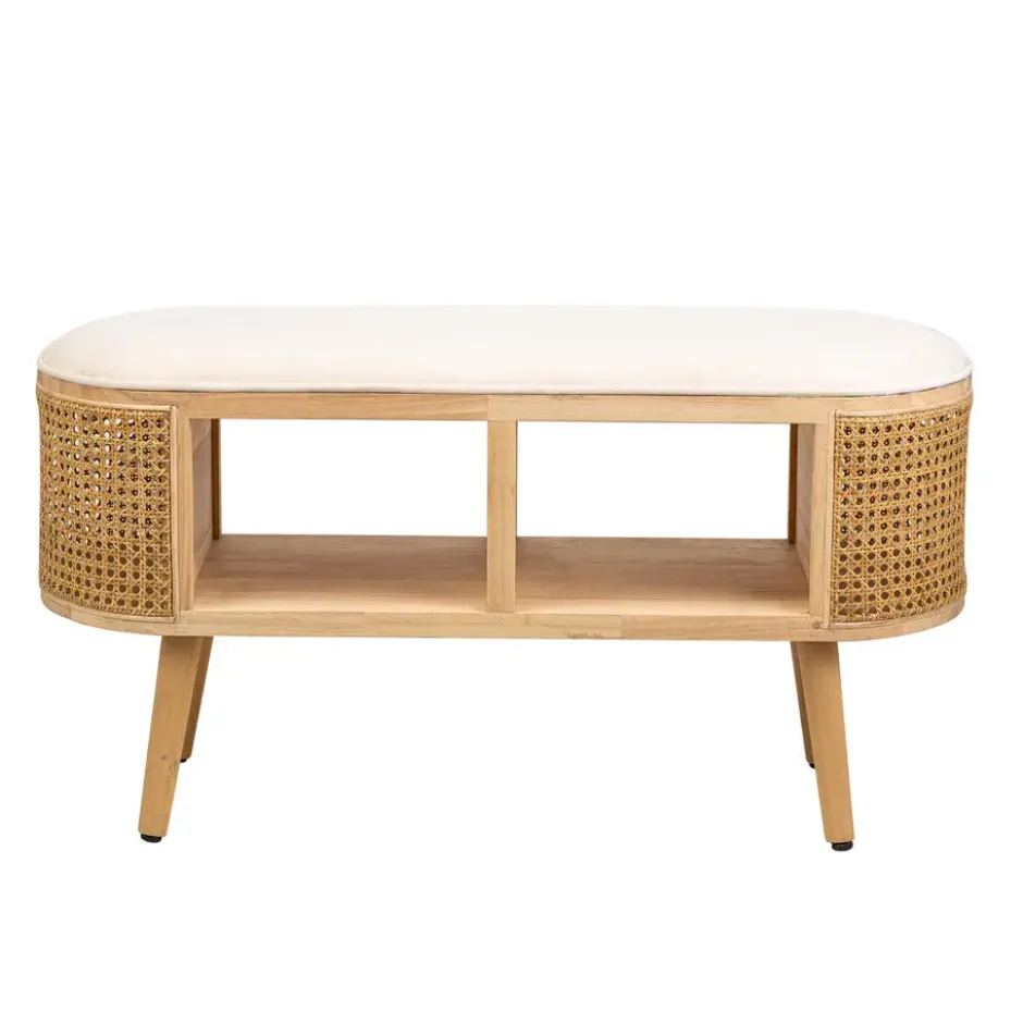 Bank met opbergruimte van rotan en beige fluweel