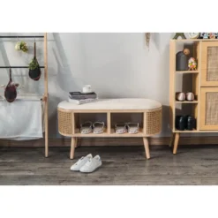 Bank met opbergruimte van rotan en beige fluweel