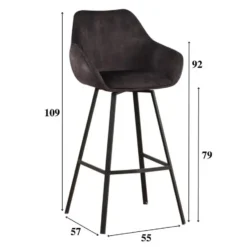 Barkruk Elise velvet zwart draaibaar met armleuning Zithoogte 79 cm Stof