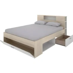 Bedframe LEANDRE - 2 plaatsen - Natuurlijk licht Wit Hout paneel