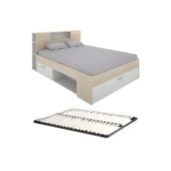 Bedframe LEANDRE - 2 plaatsen - Natuurlijk licht Wit Hout paneel