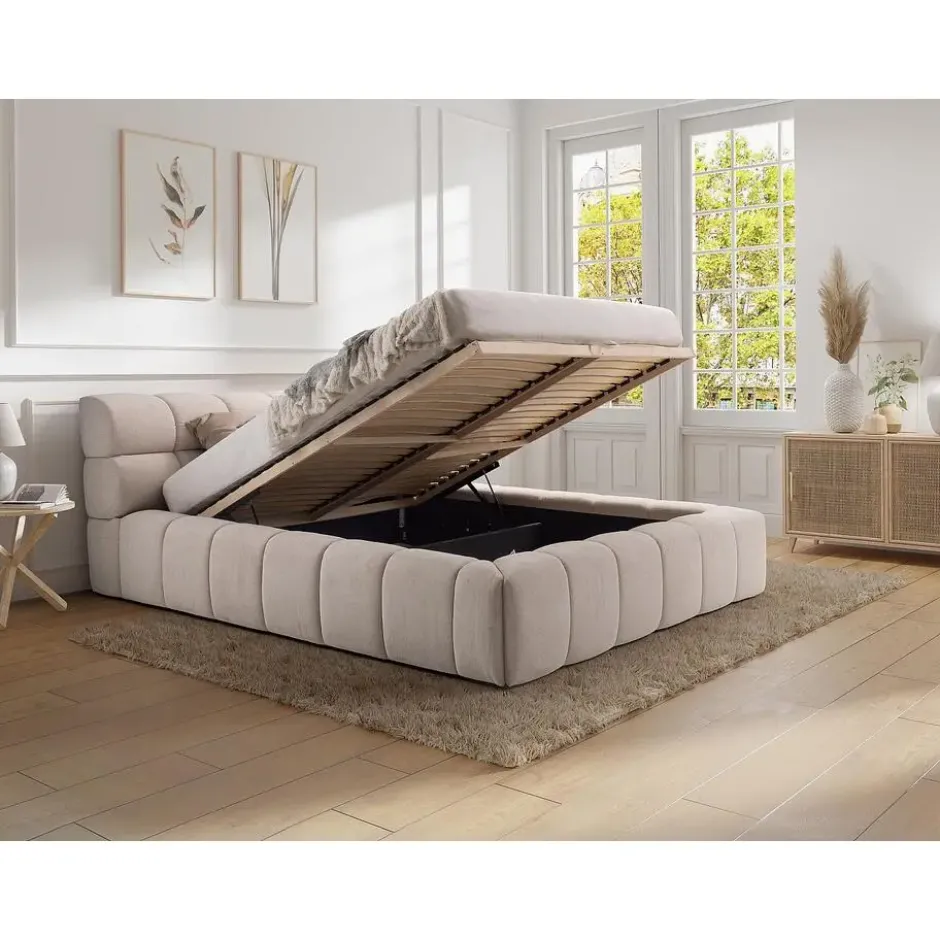 Bed met opbergruimte FORVIK - 2 plaatsen - Beige Stof