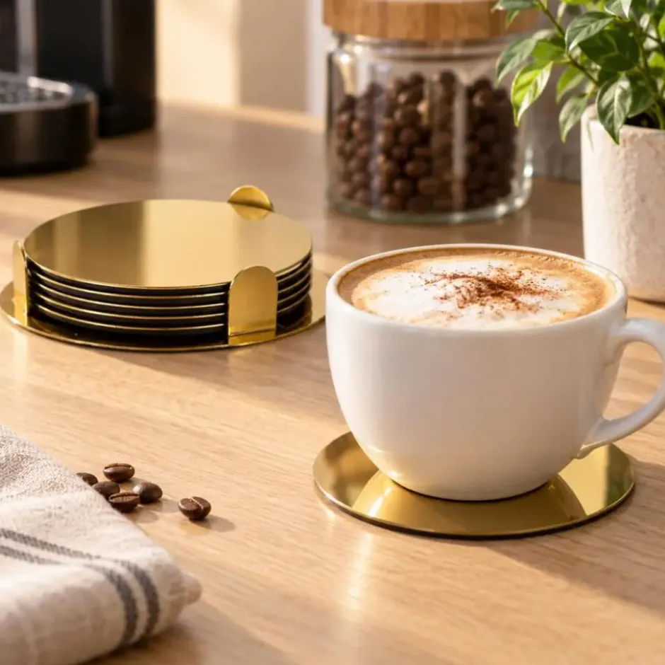 Bellatio Design Onderzetters - 6x - goud - 8,5 cm - met houder