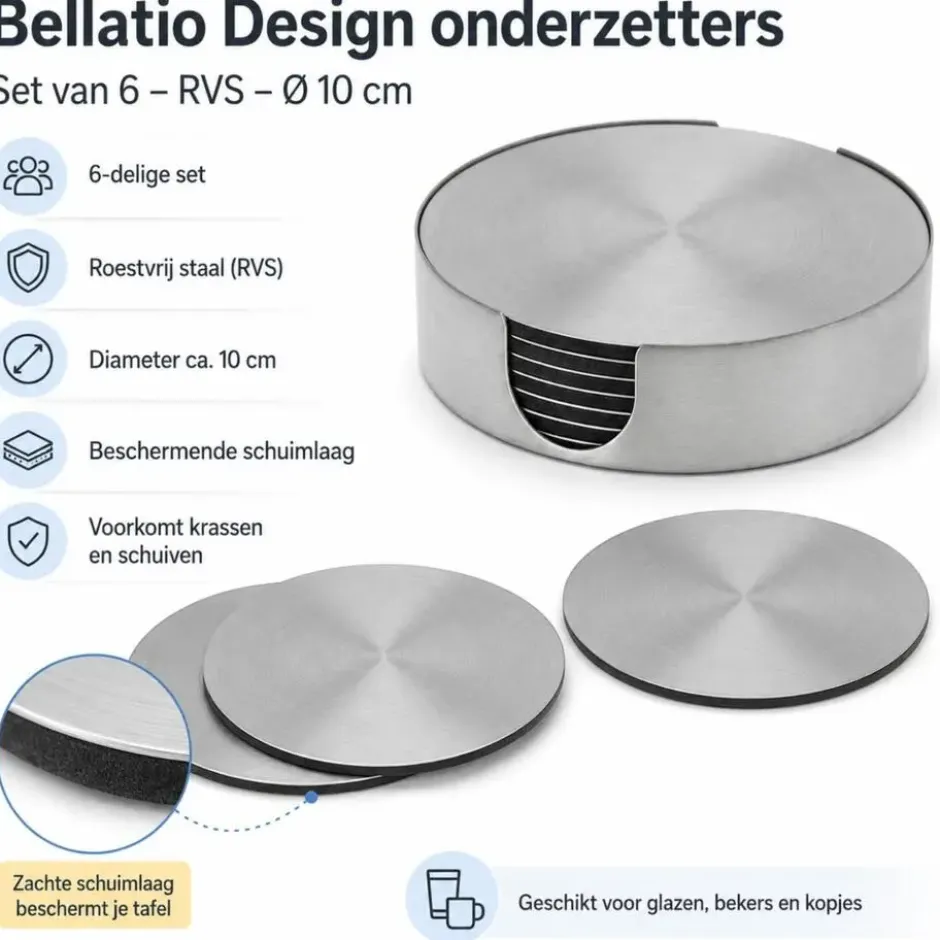 Bellatio Design Onderzetters - 6x - rvs - 10 cm - rond