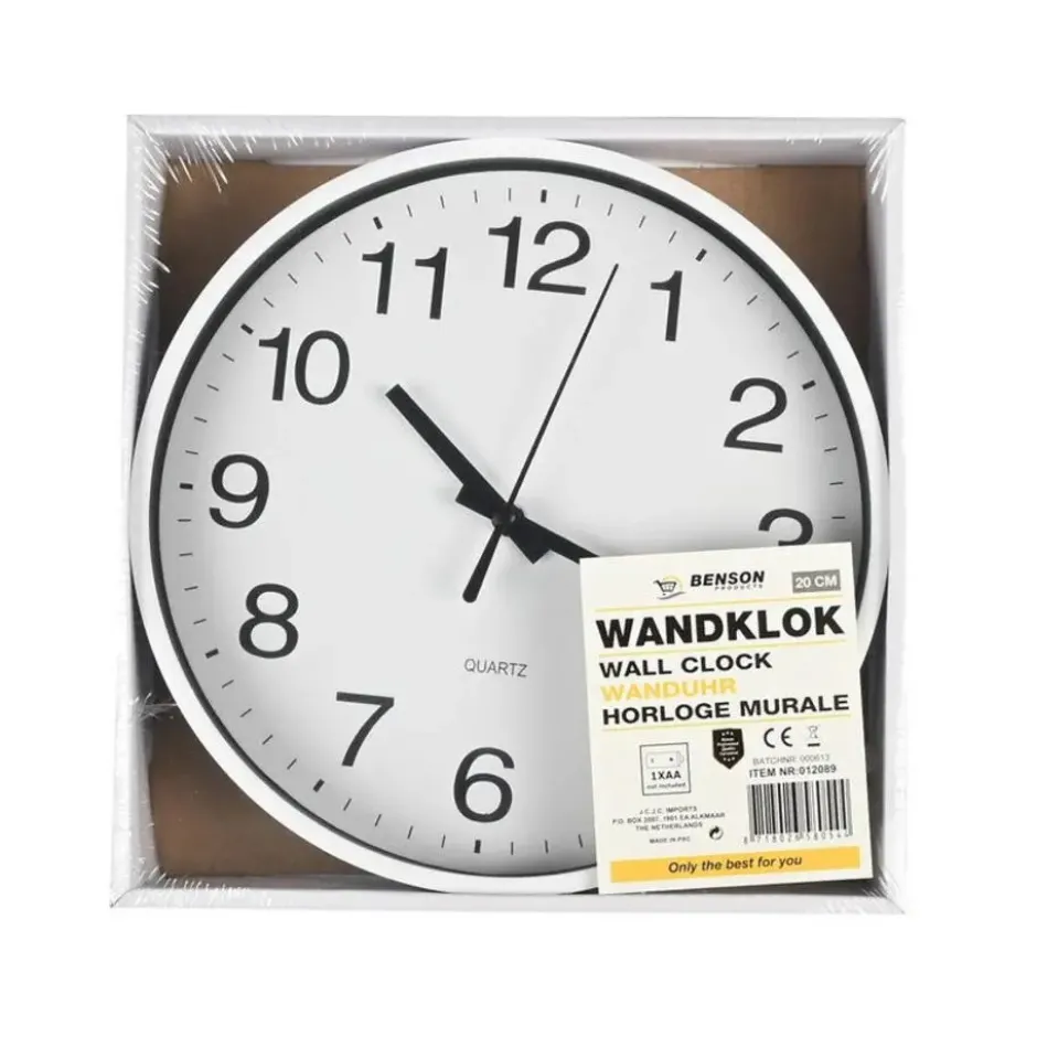 Benson Wandklok/muur klok - wit - kunststof - Dia 20 cm