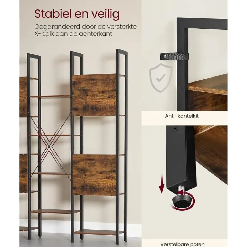Bobbel Home Industriële Boekenkast 6 Vakken Open Rek Vintage Bruin Zwart