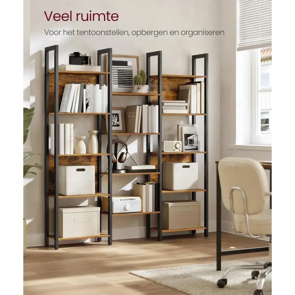 Bobbel Home Industriële Boekenkast 6 Vakken Open Rek Vintage Bruin Zwart