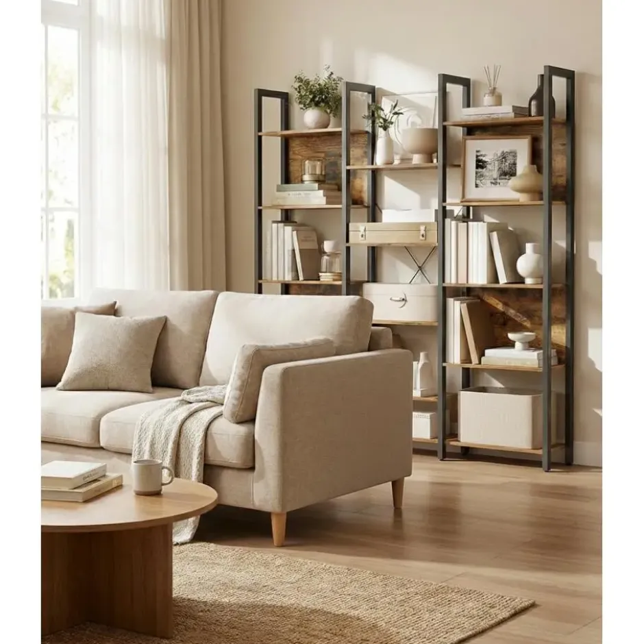 Bobbel Home Industriële Boekenkast 6 Vakken Open Rek Vintage Bruin Zwart