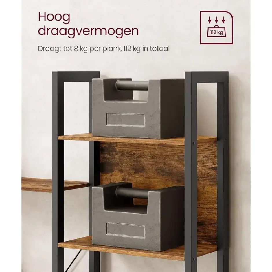 Bobbel Home Industriële Boekenkast 6 Vakken Open Rek Vintage Bruin Zwart