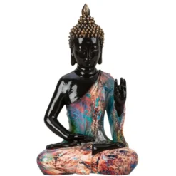 Boeddha beeld - binnen/buiten - kunststeen - zwart - 18 x 31 cm