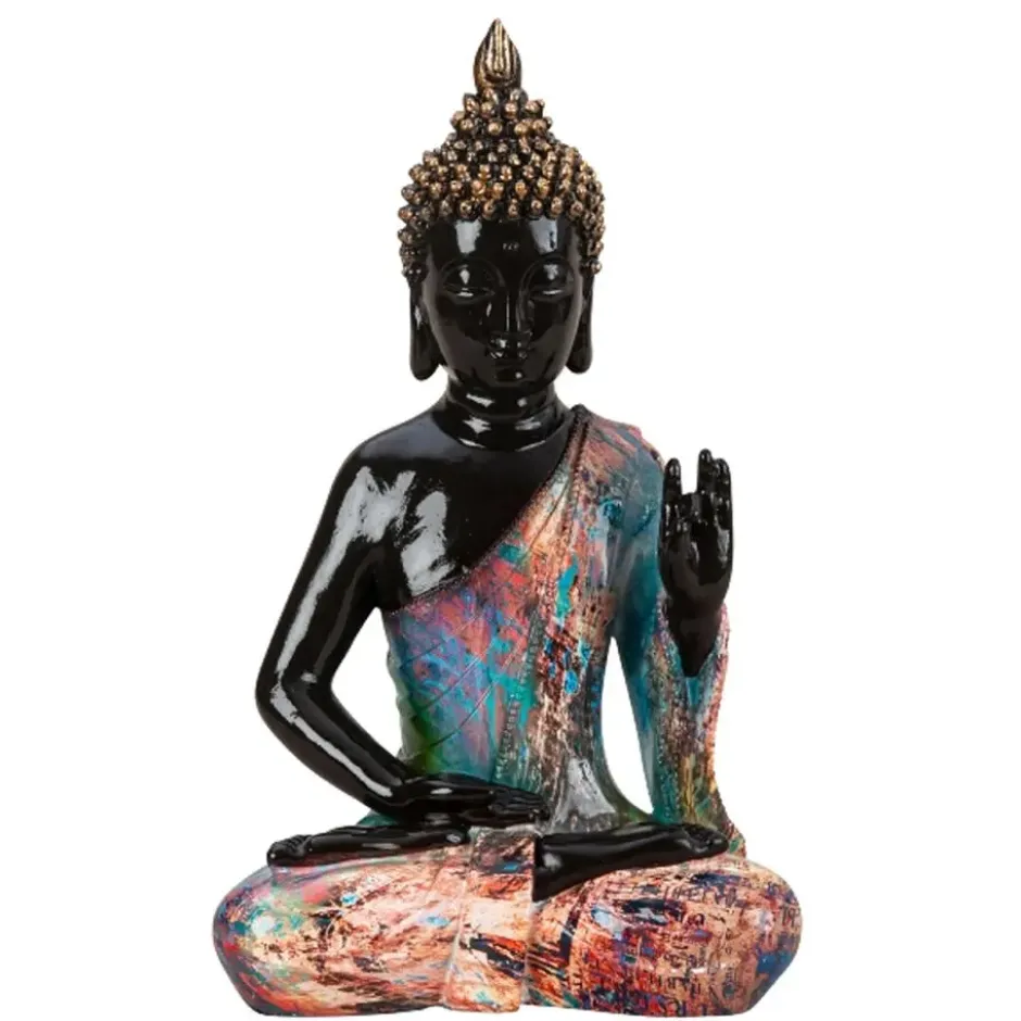 Boeddha beeld - binnen/buiten - kunststeen - zwart - 18 x 31 cm