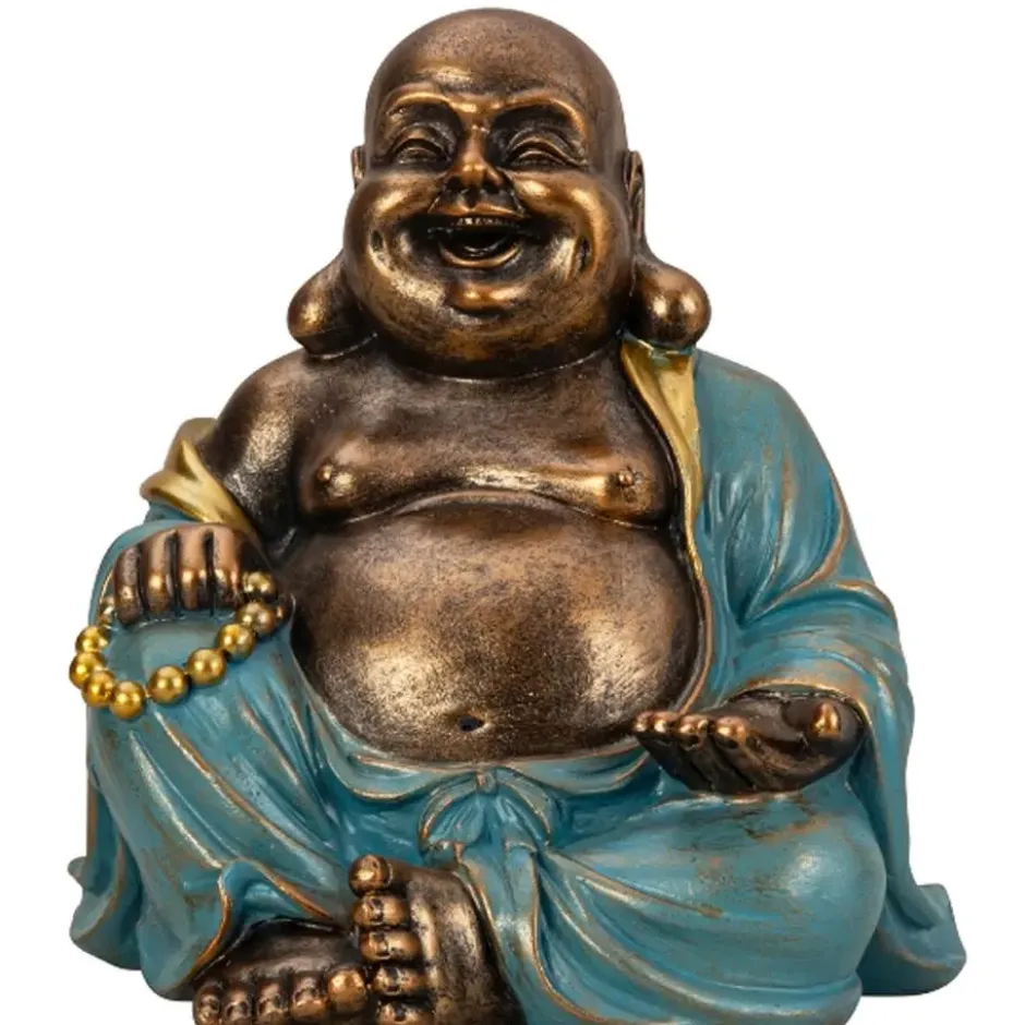 Boeddha beeld Happy Shaman - kunststeen - goud/jade - 22 x 23 cm