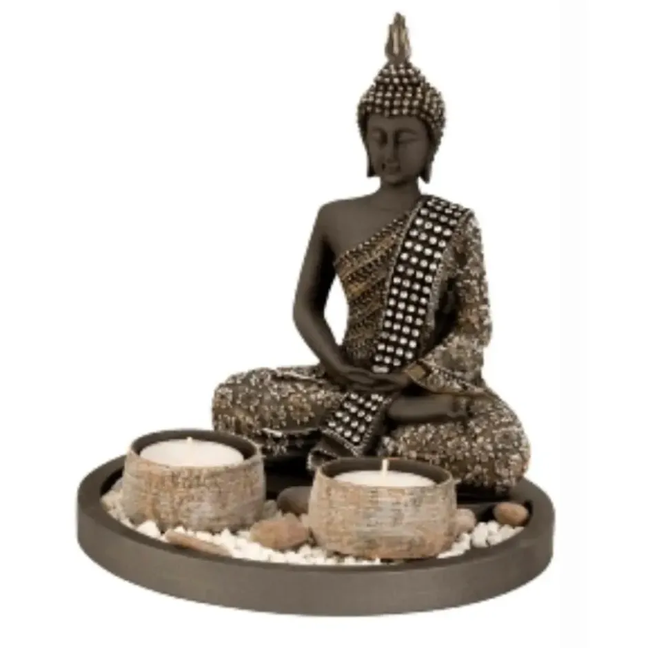 Boeddha beeldje - kaarshouders - schaal - goud/zwart - 18 x 21 cm