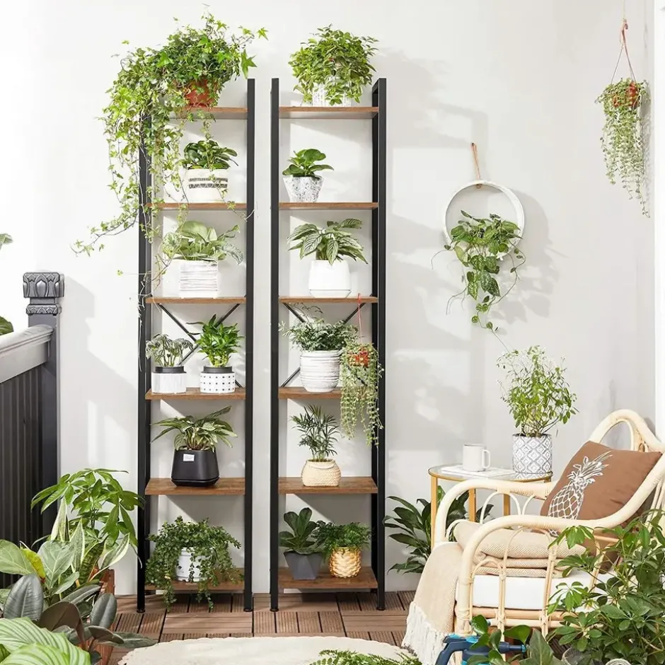 Boekenkast - Opbergrek Met 6 Planken - Open Planken - Vintage - Bruin/Zwart
