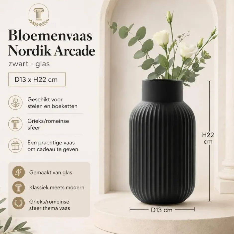 Boltze Bloemenvaas Nordik Arcade - zwart - glas - D13 x H22 cm
