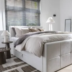 Boxspring met opbergruimte en voetbord Liv geblokt - ecru - 90x200cm