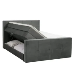 Boxspring met opbergruimte en voetbord Liv geblokt - grijs - 180x200cm