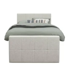 Boxspring met voetbord Liv geblokt - ecru - 120x200 cm - slanke poot