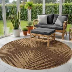 Buitenkleed Rond Timber Floral Jute Beige - 120 CM Ø