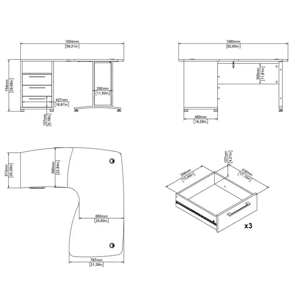 Bureau hoek Wit - 150x160x75cm - Prima