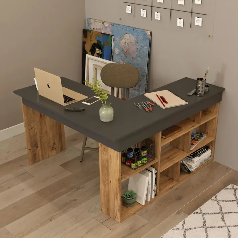 Bureau LILEUL - 129 cmx120 cmx72 cm - Antracietgrijs Natuurlijk licht Hout