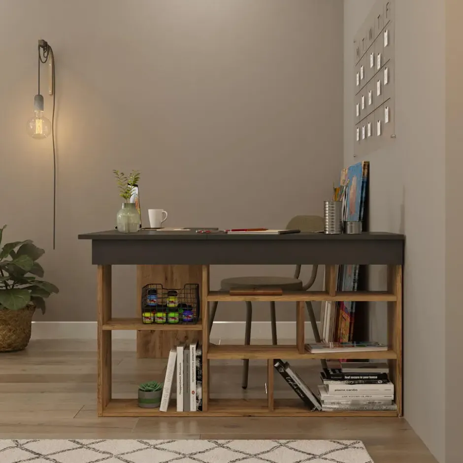 Bureau LILEUL - 129 cmx120 cmx72 cm - Antracietgrijs Natuurlijk licht Hout